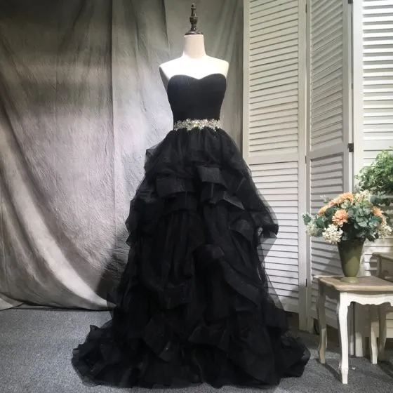 black ruffle formal dress