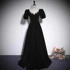 Elegant Black Rhinestone Velvet Evening Dresses 2023 A-Line / Princess ...