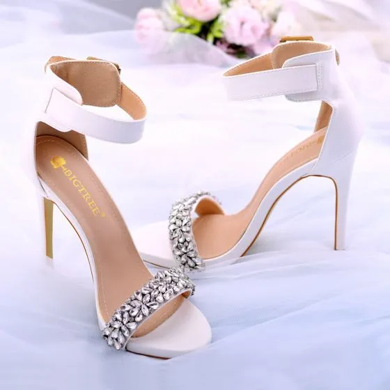 Charming White Rhinestone Wedding Shoes 2021 Ankle Strap 11 cm Stiletto ...