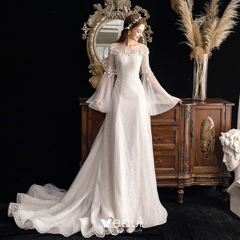 Elegant Ivory See Through Outdoor Garden Wedding Dresses 2019 A
