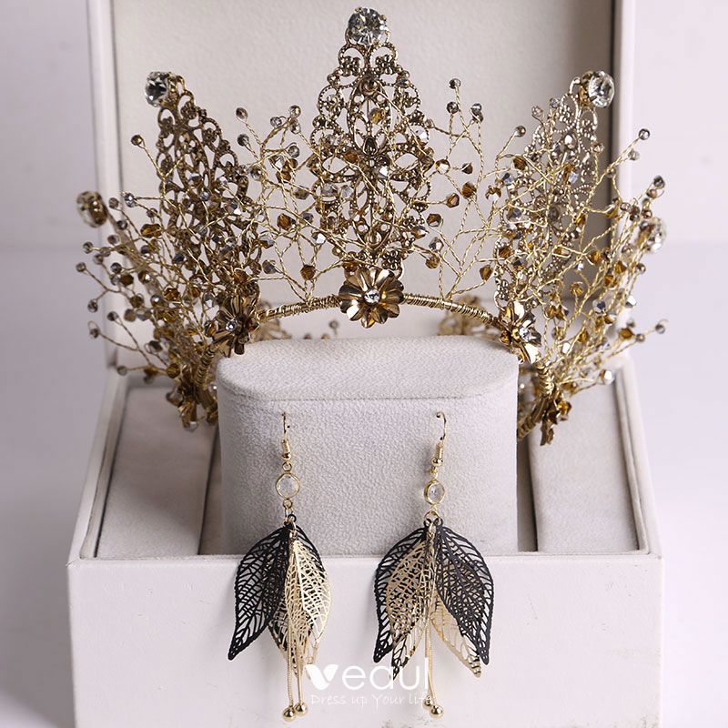 Vintage Retro Bronze Jewelry 2020 Alloy Rhinestone Beading Tiara Earrings Wedding Accessories