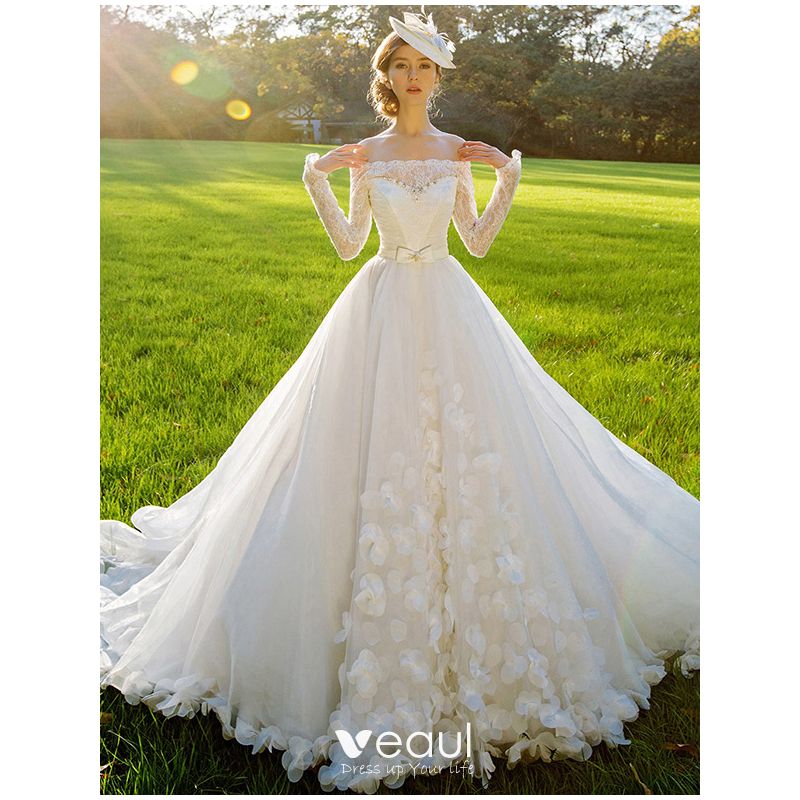 2015 A line Square Neckline Long Sleeves Sash Bow And Long Tailing Organza Wedding Dress