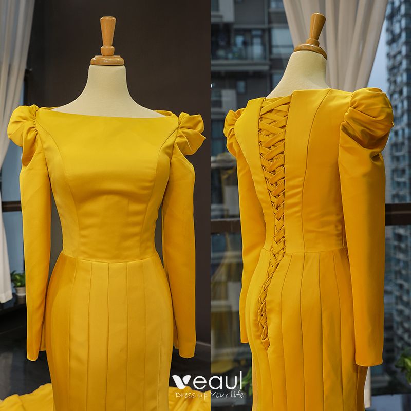 Luxury / Gorgeous Yellow Satin Evening Dresses 2019 Trumpet / Mermaid ...