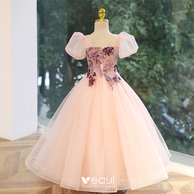 Chic / Beautiful Blushing Pink Sequins Flower Girl Dresses 2023 Ball Gown  Off-The-Shoulder Short Sleeve