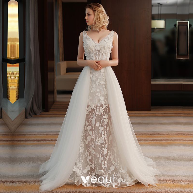 Details about   Ivory Bodice Princess Wedding Dress Classic V-Neck Lace Backless Bride Ball Gown 
