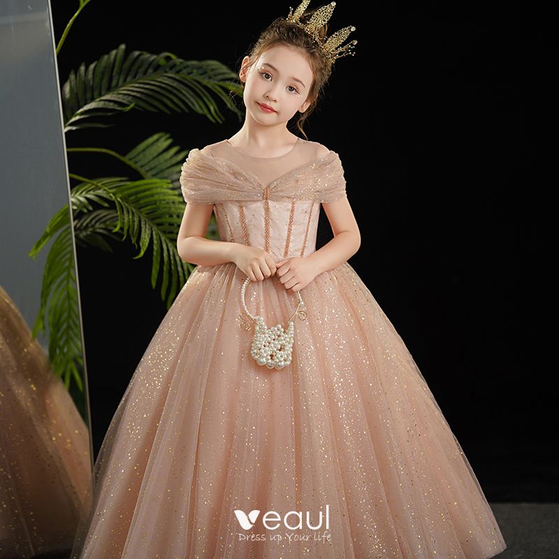 Elegant Champagne Glitter Birthday Flower Girl Dresses 2024 Ball Gown   Elegant Champagne Glitter Birthday Flower Girl Dresses 2024 Ball Gown Scoop Neck Short Sleeve Floor Length Long 800x800 