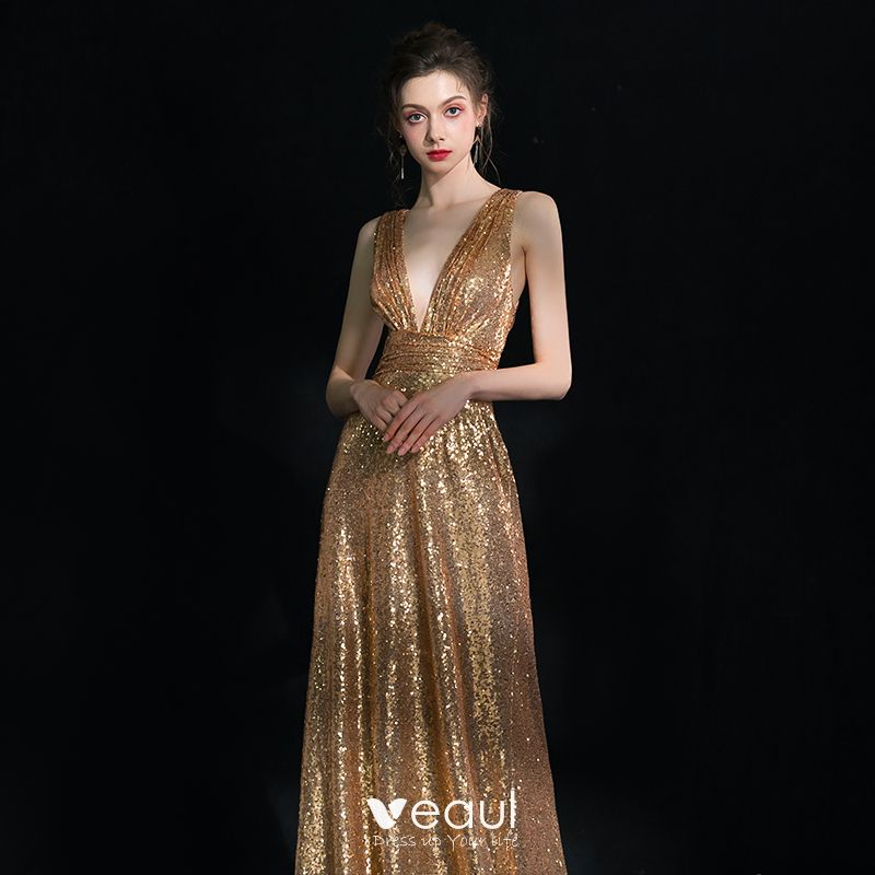 Sparkly Gold Evening Dresses 2019 Sheath / Fit Deep V-Neck Sleeveless ...