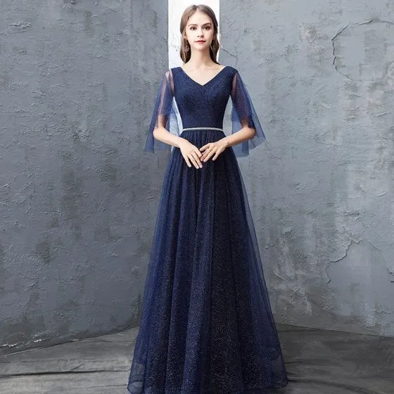 Chic / Beautiful Navy Blue Evening Dresses 2018 A-Line / Princess Lace ...