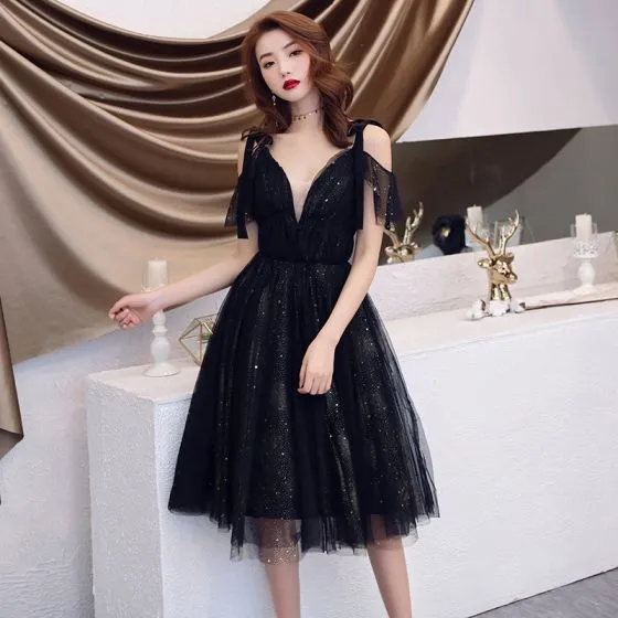 Charming Black Evening Dresses 2019 A-Line / Princess Spaghetti Straps ...