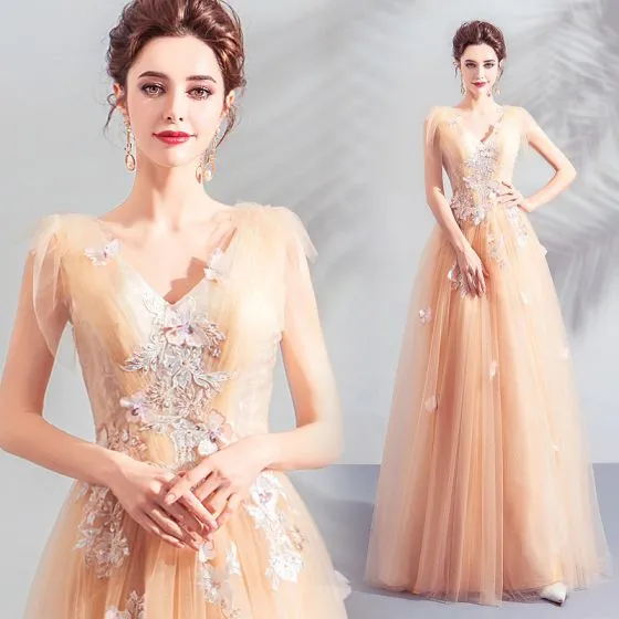 Elegant Champagne Prom Dresses 2019 A-Line / Princess V-Neck Appliques ...