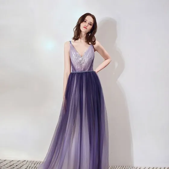 Elegant Purple Evening Dresses 2019 A-Line / Princess Spaghetti Straps ...