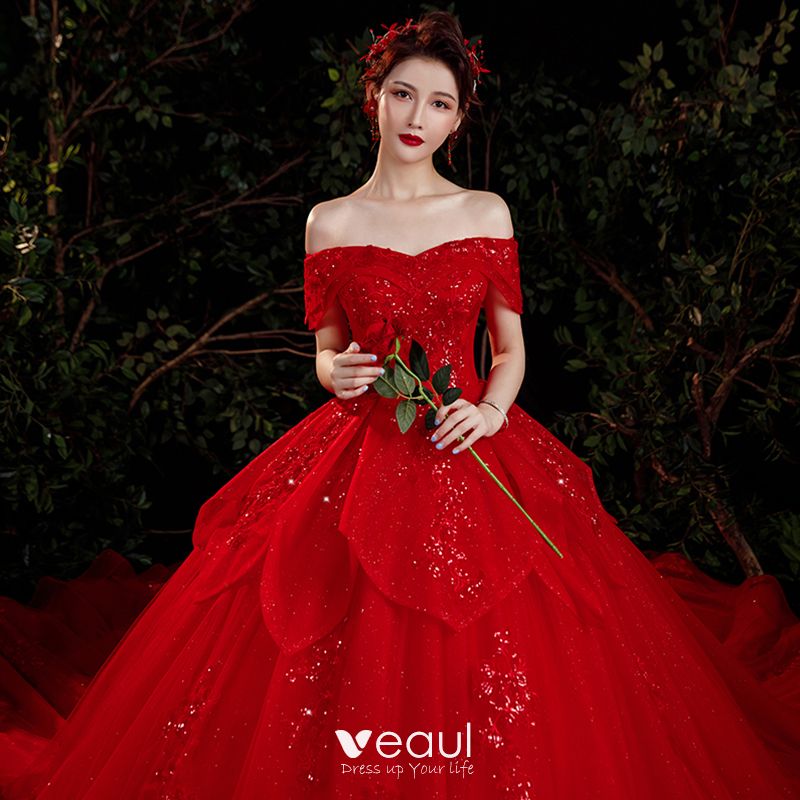 Chic / Beautiful Red Bridal Wedding Dresses 2021 A-Line / Princess Off ...