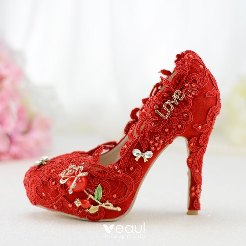 Beautiful Red Wedding Shoes 2019 Lace 