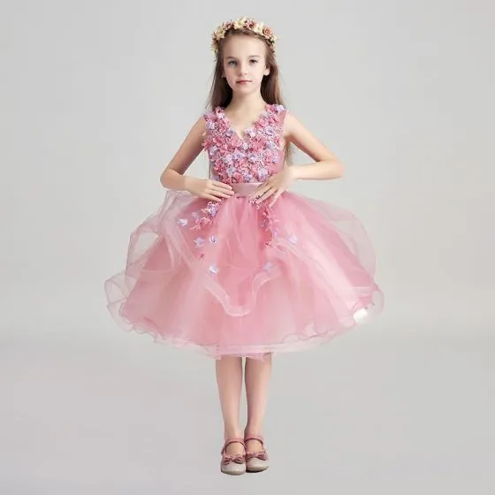Chic / Beautiful Candy Pink Flower Girl Dresses 2017 Ball Gown V-Neck ...