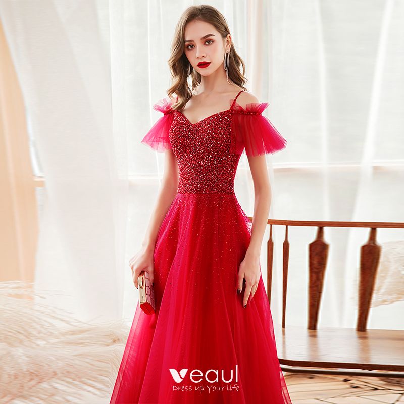 Chic / Beautiful Red Evening Dresses 2020 A-Line / Princess Spaghetti ...