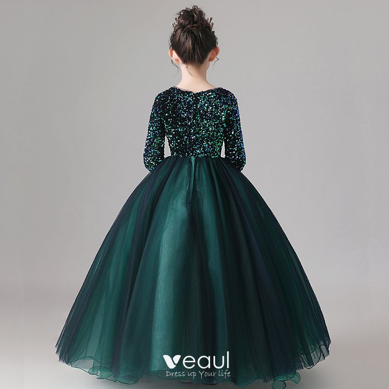 Chic Beautiful Dark Green Sash Sequins Birthday Flower Girl Dresses Ball  Gown 2021 Satin