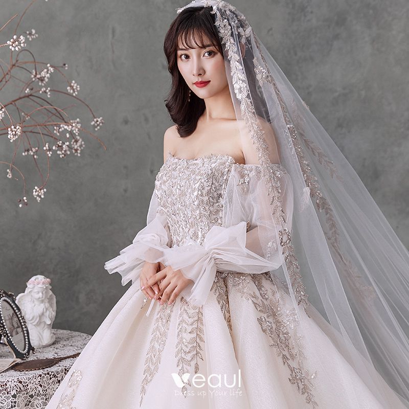 Victorian Style Champagne Bridal Wedding Dresses 2020 Ball Gown Sweetheart Detachable Puffy Long 8306