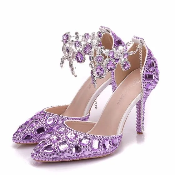 Charming Lilac Wedding Shoes 2018 Crystal Ankle Strap 9 cm Stiletto ...