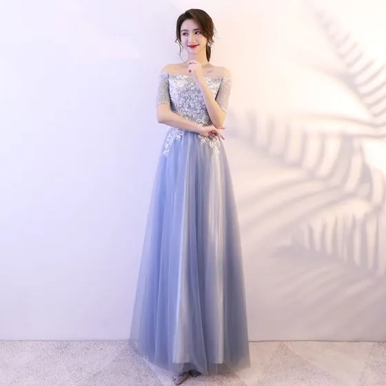 Affordable Sky Blue Prom Dresses 2018 A-Line / Princess Lace Sequins ...