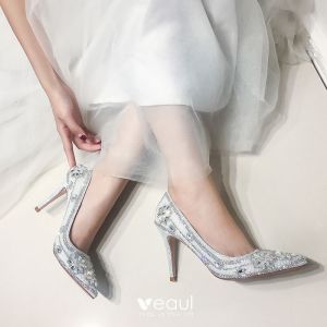 Women's Sparkly Crystal High Heels Pointed Toe White Wedding