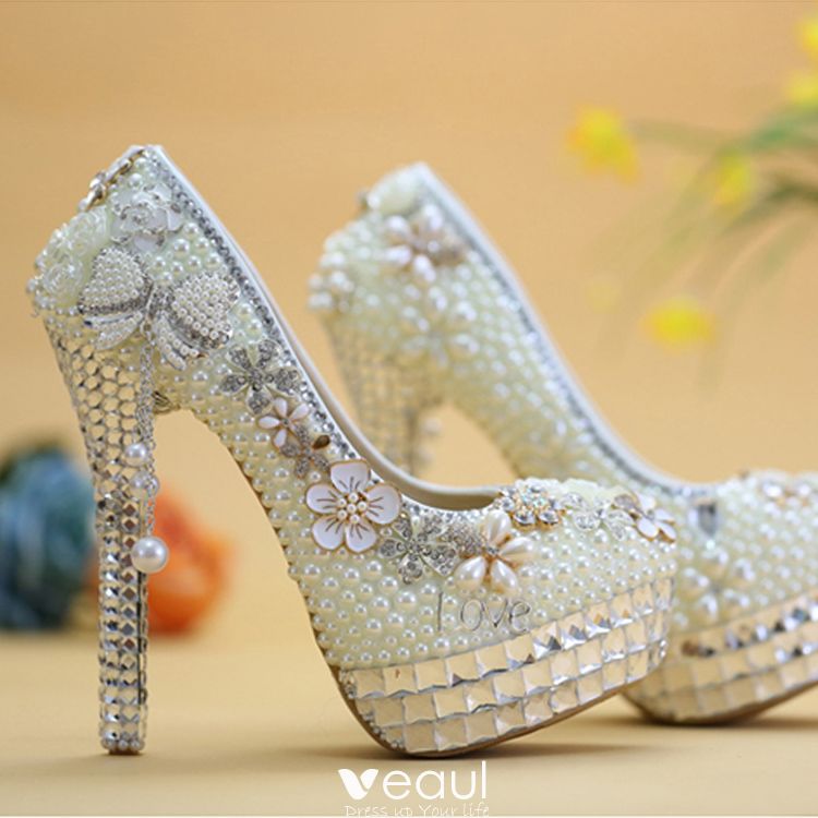 Charming White Wedding Shoes 2019 Pearl Rhinestone 14 cm Stiletto Heels ...