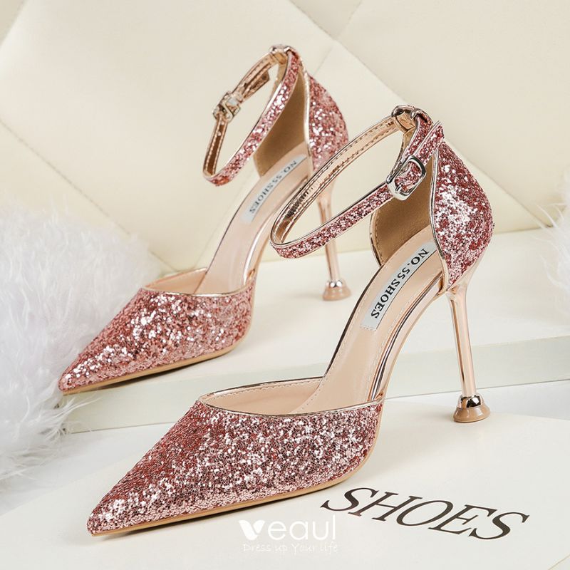 Charming Rose Gold Evening Party High Heels 2020 Sequins Ankle Strap 9 ...