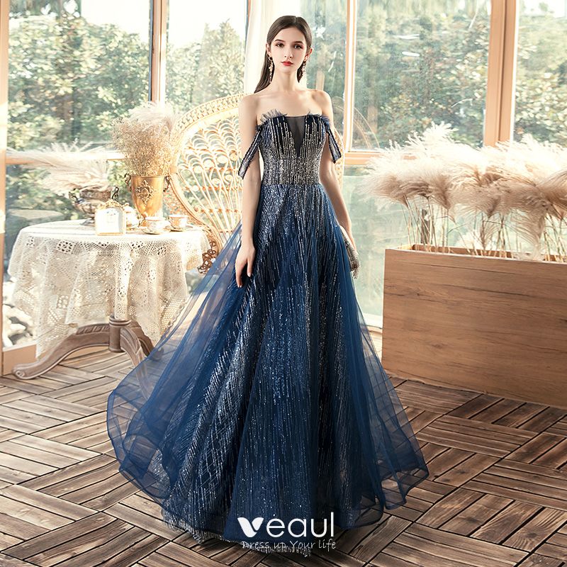 Flowy Satin V-neckline A-line French Navy Bridesmaids or Evening Gown –  Sparkly Gowns
