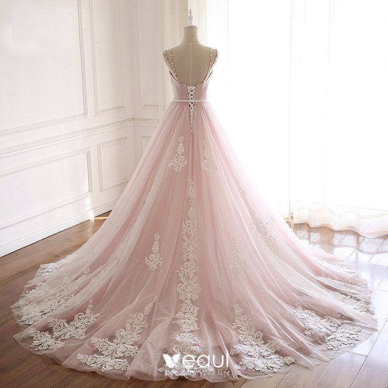 Modern / Fashion Blushing Pink Summer Beach Wedding Dresses 2018 A-Line /  Princess Spaghetti Straps Sleeveless Backless