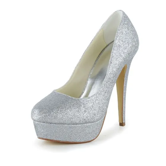 Glitter Silver Bridal Shoes Stilettos 