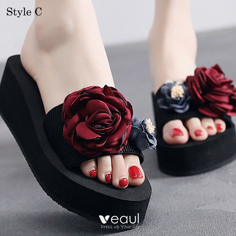 TnaIolral Ladies Bohemian Slippers Summer Open Toe Non-Slip Wedge Pearl Beach Shoes 