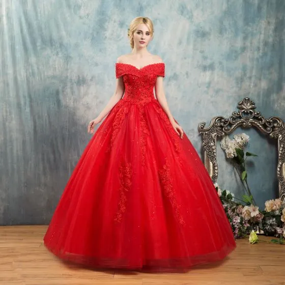 Af storm salvie Elendighed Elegant Red Wedding Dresses 2019 Ball Gown Off-The-Shoulder Beading Crystal  Flower Lace Short Sleeve