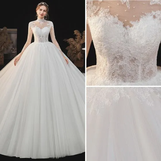 Illusion Ivory See-through Lace Flower Wedding Dresses 2021 Ball Gown ...