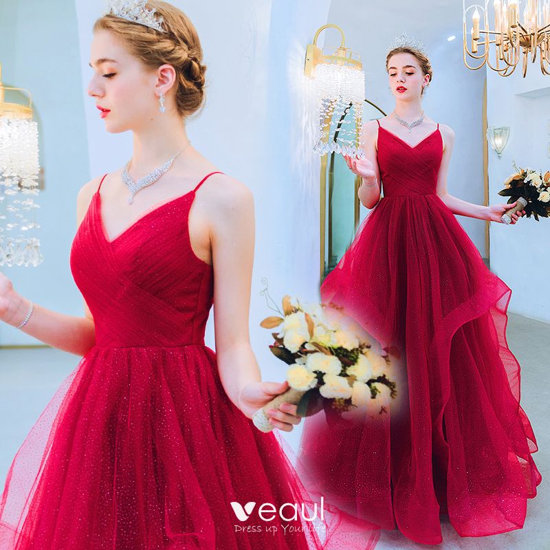Chic / Beautiful Red Evening Dresses 2019 A-Line / Princess Spaghetti ...
