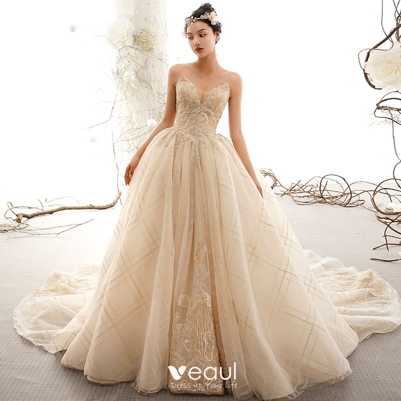 Luxury Gorgeous Champagne Wedding Dresses 2019 Ball Gown