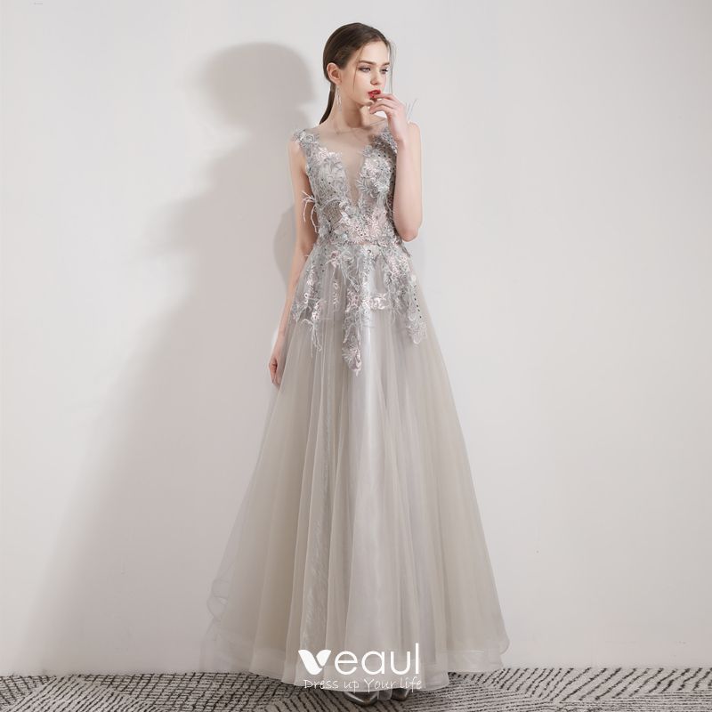 Illusion Grey Organza Evening Dresses 2019 A-Line / Princess See-through V-Neck Sleeveless Appliques