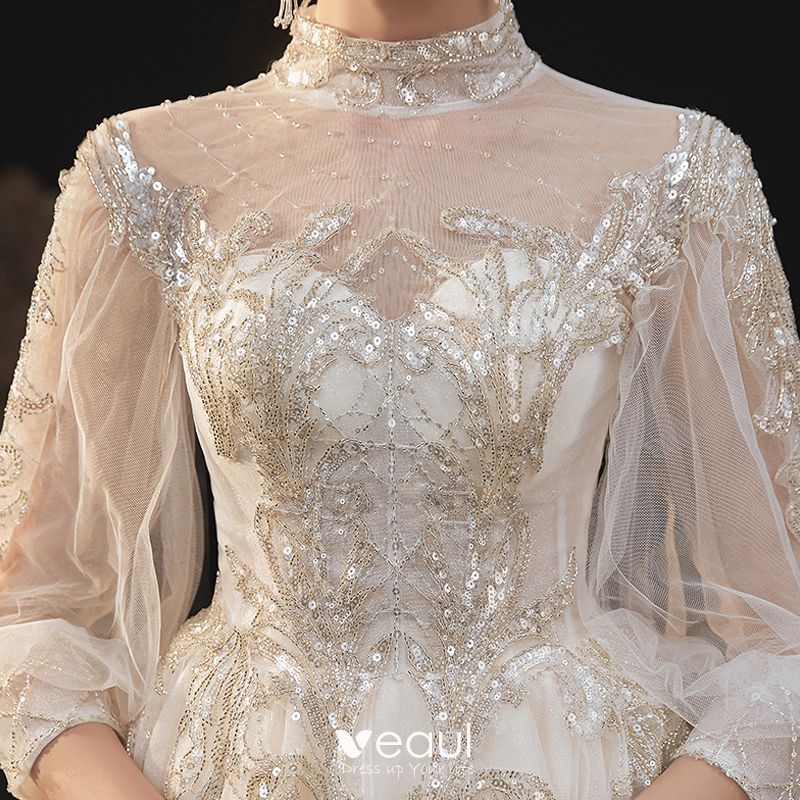 Victorian Style Champagne See-through Bridal Wedding Dresses 2020 Ball 