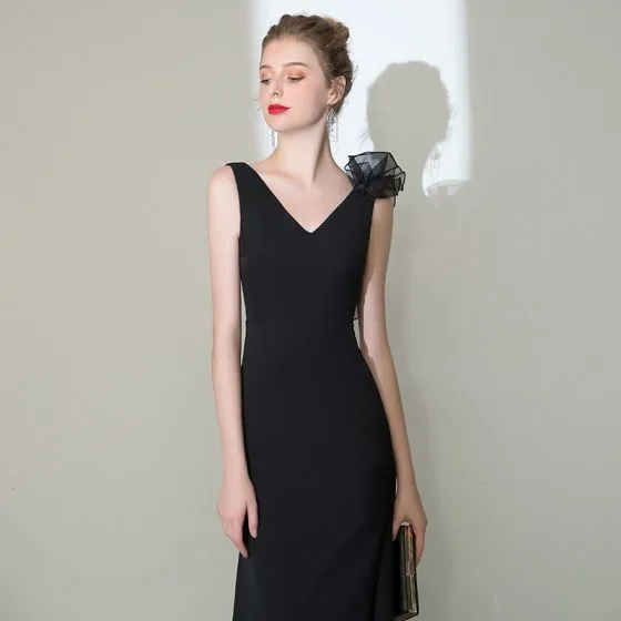 Elegant Solid Color Black Evening Dresses 2020 Trumpet / Mermaid V-Neck ...