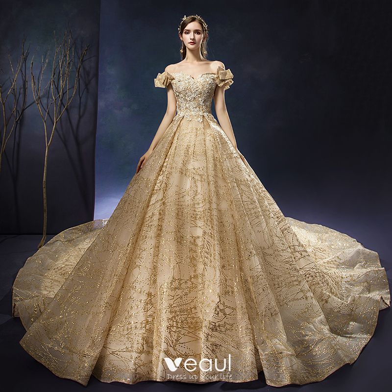 Luxury / Gorgeous Champagne Wedding Dresses 2019 A-Line / Princess Off ...