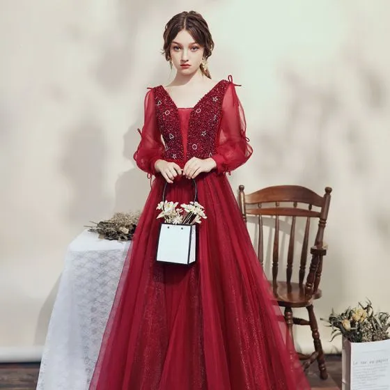 Victorian Style Burgundy Evening Dresses 2020 Ball Gown V-Neck Puffy ...
