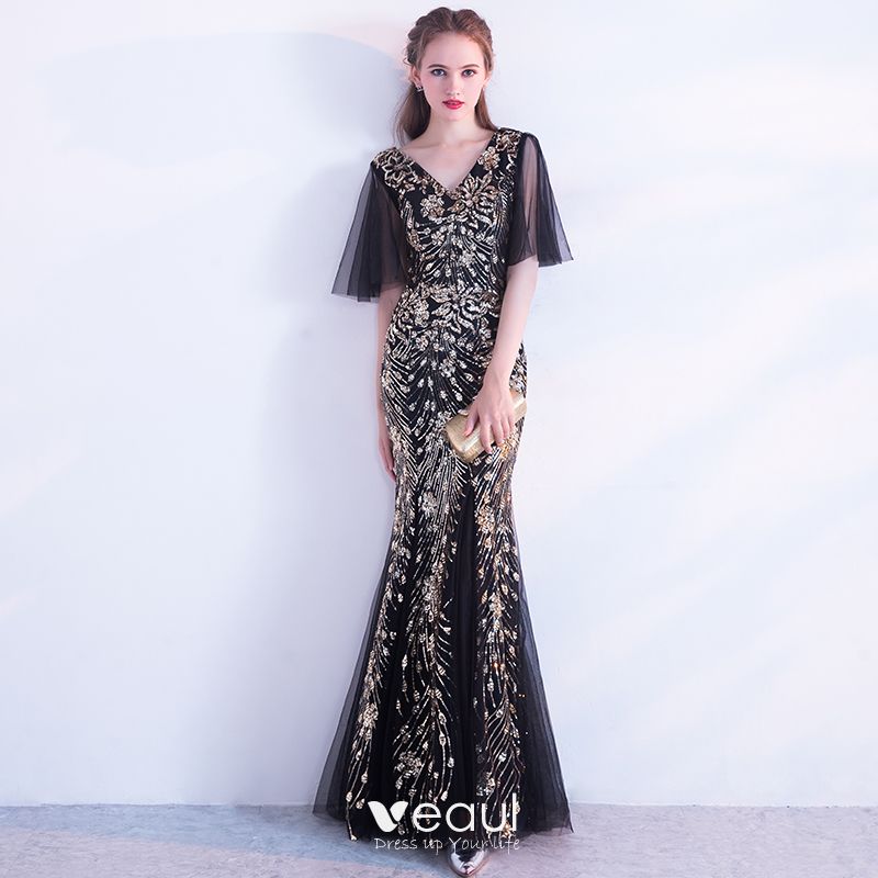 black and gold evening gowns with sleeves