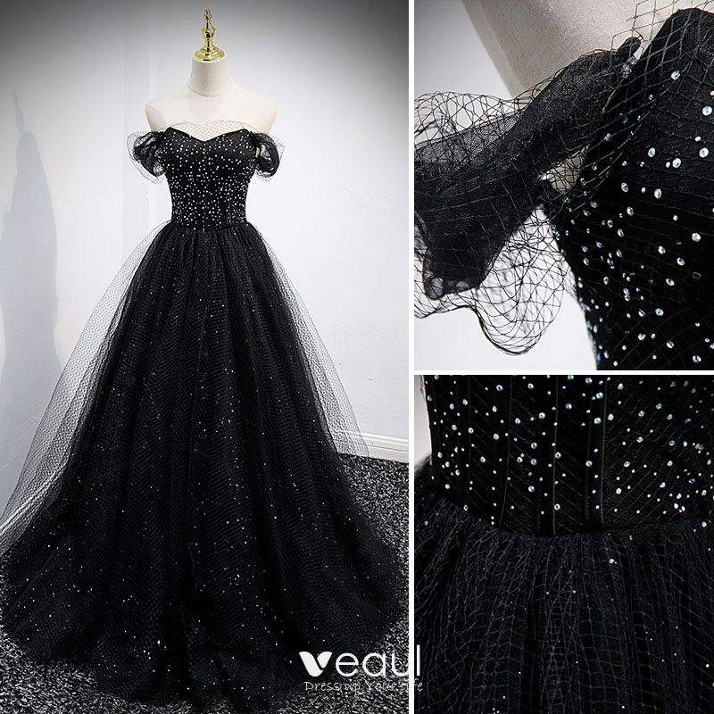 Charming Black Sequins Prom Dresses 2021 A-Line / Princess Off-The ...