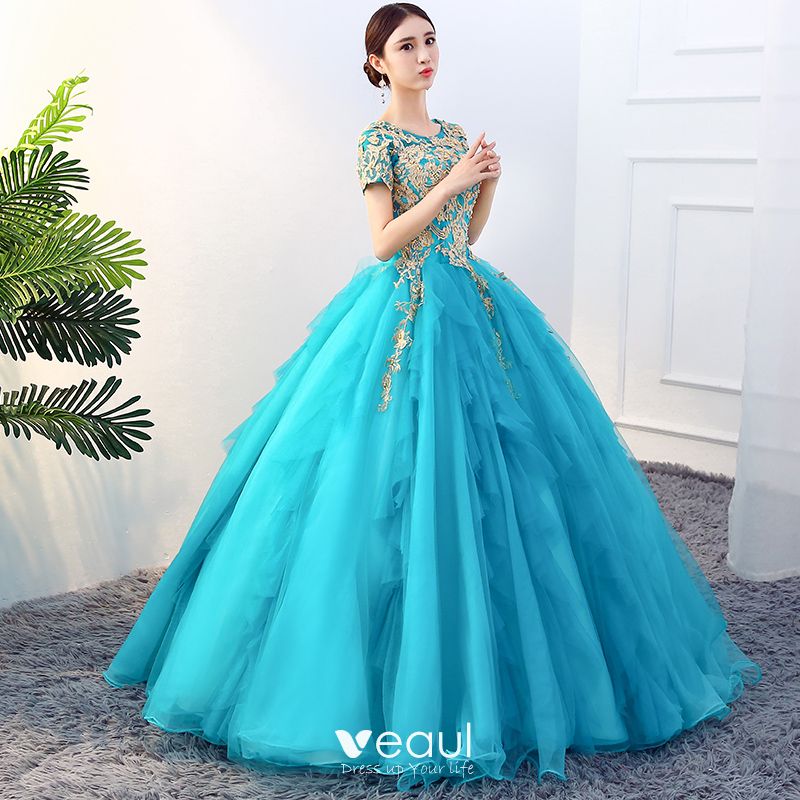 Azul Polémico Reductor Traditional Jade Green Prom Dresses 2019 Ball Gown Scoop Neck Beading Lace  Flower Short Sleeve Backless