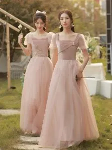 Pink bridesmaid dresses.