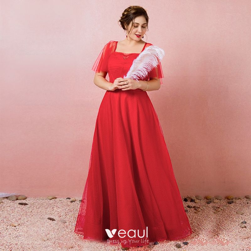 Modest / Simple Red Plus Size Evening 2018 A-Line / Tulle Square Neckline Spotted Spring