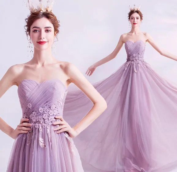 Charming Lilac Evening Dresses 2020 A-Line / Princess Strapless Beading ...