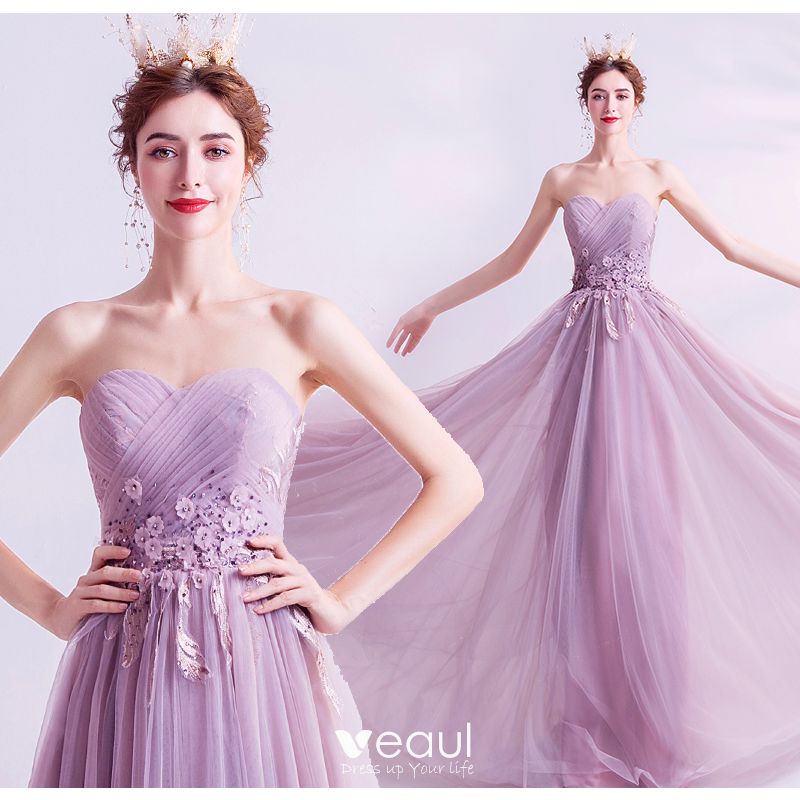 Charming Lilac Evening Dresses 2020 A-Line / Princess Strapless Beading ...
