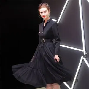 Elegant Black Evening Dresses 2019 A-Line / Princess V-Neck Sash Long Sleeve Tea-length Formal Dresses