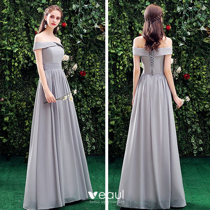 Modest / Simple Grey Chiffon Bridesmaid Dresses 2021 A-Line / Princess ...