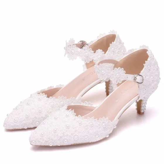 Chic / Beautiful White Wedding Shoes 2018 Lace Pearl Buckle 5 cm ...