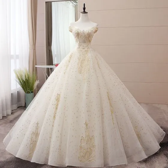 Elegant Champagne Wedding Dresses 2019 Ball Gown Off-The-Shoulder ...